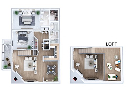 Two bedroom floor plan loft Loft Model Living Room and Fireplace at Sky Rock Apartments in Longmont CO