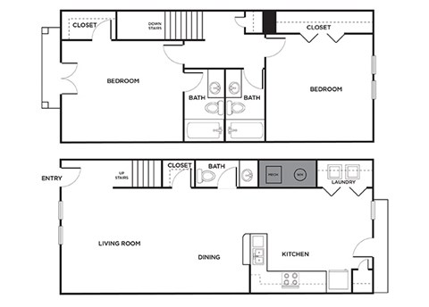 Two bedroom townhome floor plan at Ironwood Crossing Apartments and Townhomes in Fort Worth TX