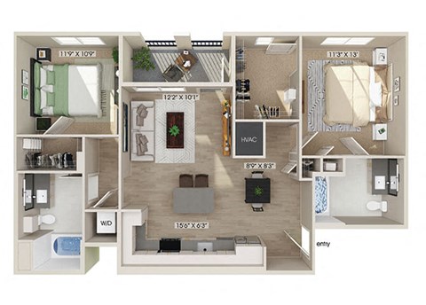 Two bedroom floor plan image at West Village Poway Apartments in Poway CA