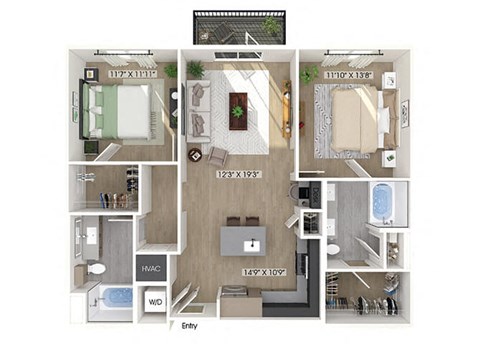 Two bedroom floor plan at Station 316 in Woburn MA