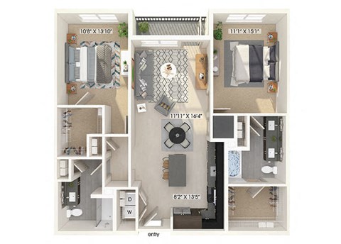 Two bedroom floor plan image at East Bend Apartments in Houston TX