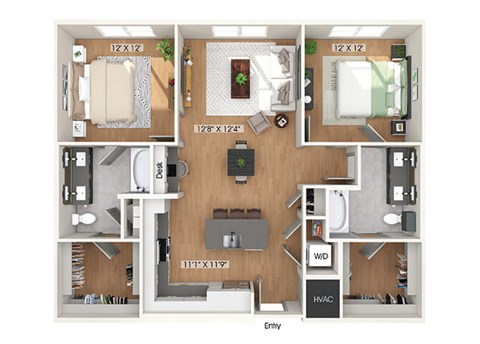 Two bedroom floor plan at Heights at 1520 Apartments in Houston TX
