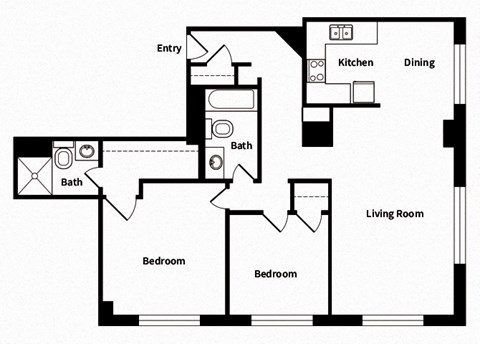 Two bedroom two bathroom floor plan image at 735 St. Clair