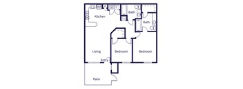 A floor plan of a house with a kitchen, two bathrooms, two bedrooms, a living room, and a patio.