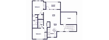 A floor plan of a house with two bedrooms, a living room, a dining room, a kitchen, two bathrooms, and a garage.