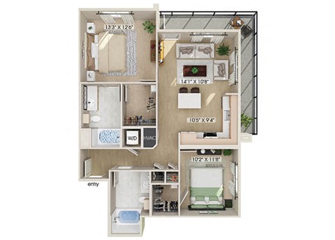 Two bedroom floor plan at Rivair Apartment Homes in San Diego CA