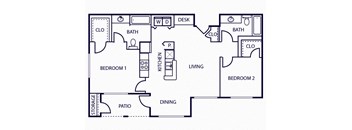 Two bedroom two bathroom floor image at The Sorento Apartments in San Antonio TX