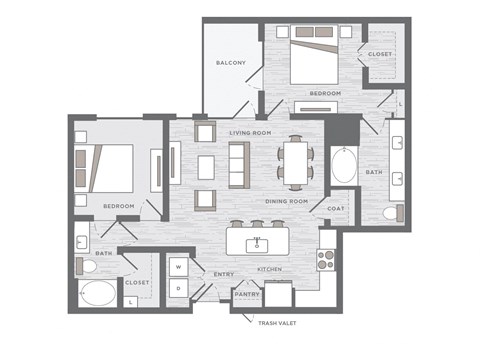 two bedroom floor plan at the Huntington Apartments in Plano TX