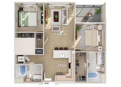Two bedroom floor plan at Rivair Apartment Homes in San Diego CA