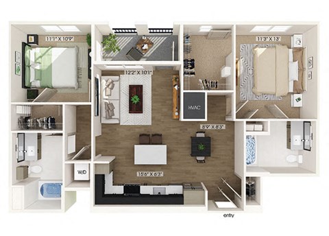 Two bedroom floor plan image at West Village Poway Apartments in Poway CA