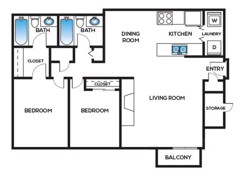 Two bedroom floor plan at Cobalt Springs Apartment Homes in Taylors SC