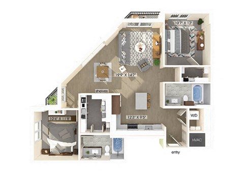 two bedroom two bathroom floor plan at coasterra apartments