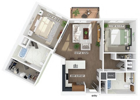 Two bedroom floor plan at Jayden Apartments in Peabody MA