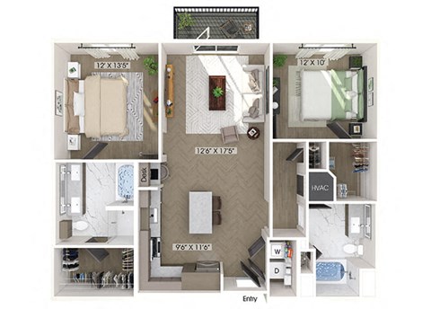 Two bedroom floor plan at Station 316 in Woburn MA