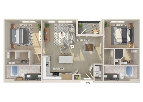 Two bedroom floor plan image at East Bend Apartments in Houston TX