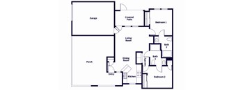 A floor plan of a house with a garage, two bedrooms, a living room, a dining room, a kitchen, a laundry room, and a porch.
