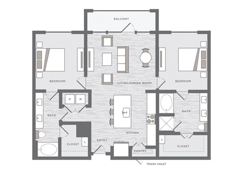 two bedroom floor plan at the Huntington Apartments in Plano TX