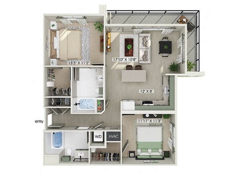 Two bedroom floor plan at Rivair Apartment Homes in San Diego CA