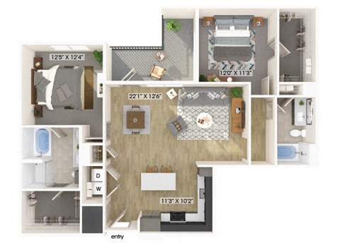Two bedroom floor plan at Luca Apartments in Austin TX