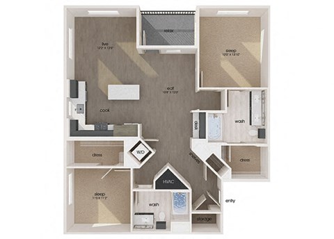Two bedrooms two bathrooms floor plan image at Vita Apartments in Orange CA