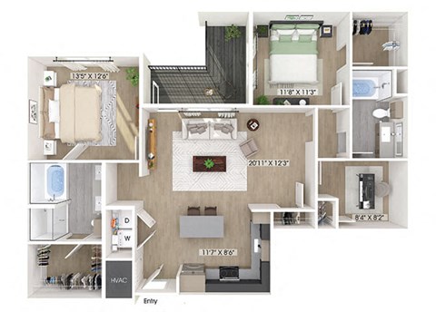 Two bedroom floor plan at Station 316 in Woburn MA