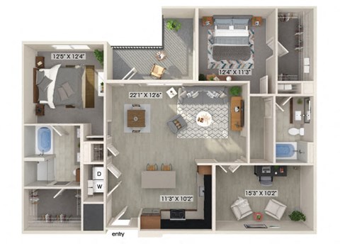 Two bedroom floor plan at Luca Apartments in Austin TX