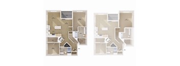 A floor plan of a two-story apartment with a living room, kitchen, and bedrooms.