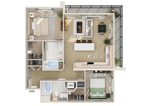 Two bedroom floor plan at Rivair Apartment Homes in San Diego CA