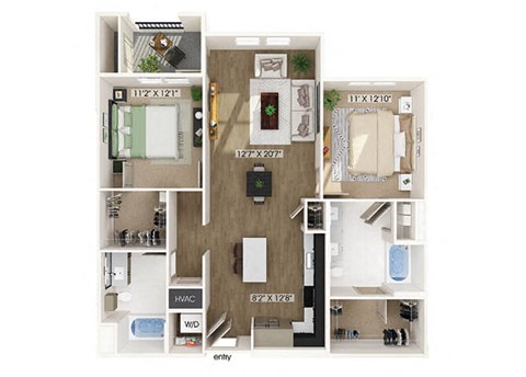 Two bedroom floor plan image at West Village Poway Apartments in Poway CA