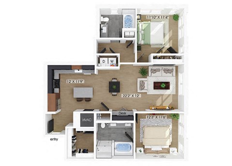 Two bedroom floor plan at 333 Ellington in Gaithersburg MD