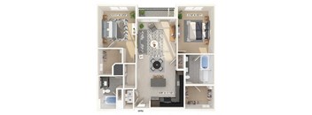 Two bedroom floor plan image at East Bend Apartments in Houston TX