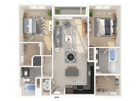 Two bedroom floor plan image at East Bend Apartments in Houston TX
