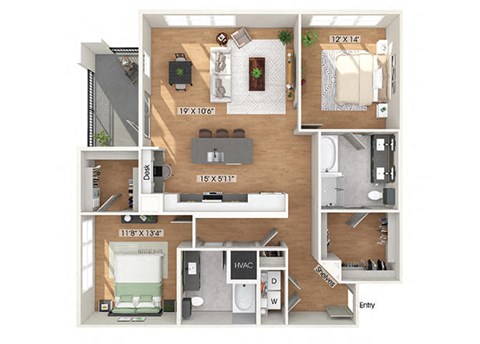 Two bedroom floor plan at Heights at 1520 Apartments in Houston TX