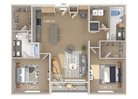 Two bedroom floor plan image at 1810 Main in Houston TX
