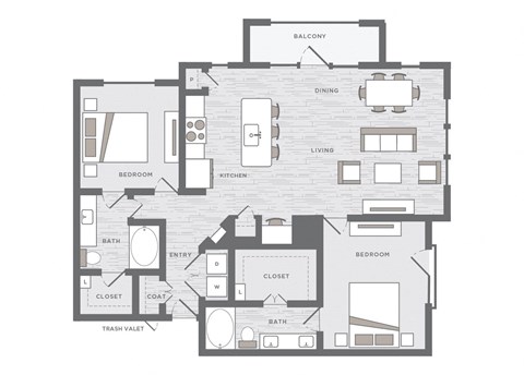 two bedroom floor plan at the Huntington Apartments in Plano TX