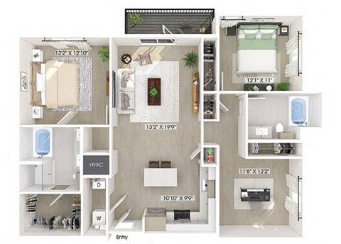Two bedroom floor plan at Station 316 in Woburn MA