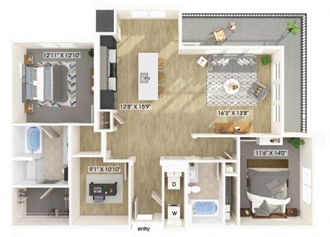 Two bedroom floor plan at Luca Apartments in Austin TX