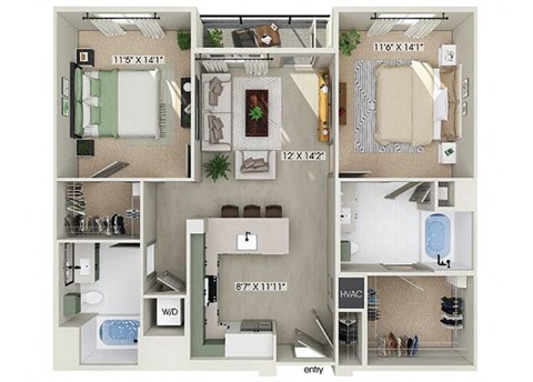 Two bedroom floor plan at Rivair Apartment Homes in San Diego CA