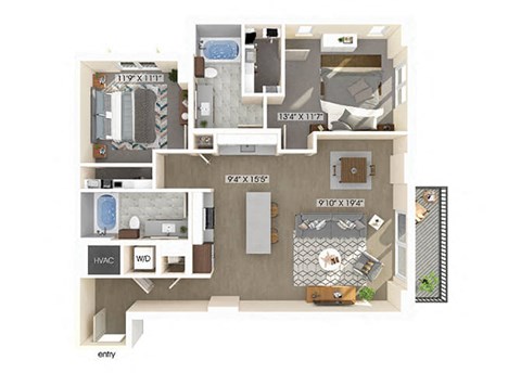 two bedroom two bathroom floor plan at coasterra apartments