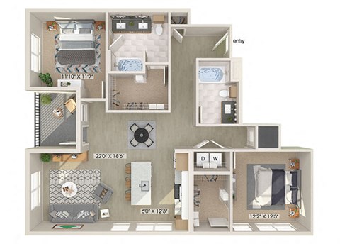 Two bedroom floor plan image at East Bend Apartments in Houston TX