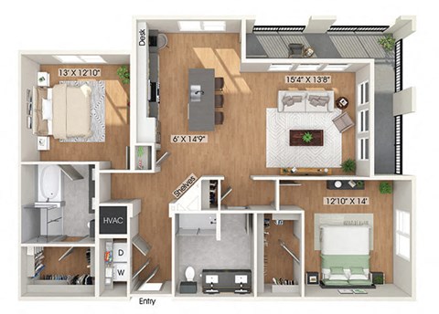 Two bedroom floor plan at Heights at 1520 Apartments in Houston TX