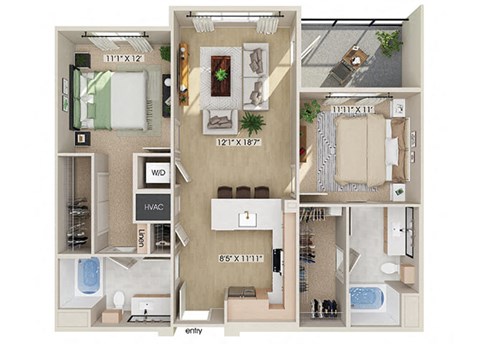 Two bedroom floor plan at Rivair Apartment Homes in San Diego CA