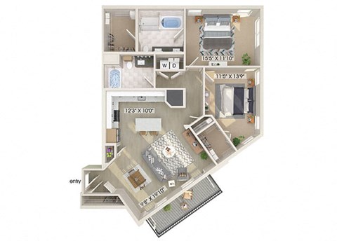 Two bedroom floor plan image at East Bend Apartments in Houston TX