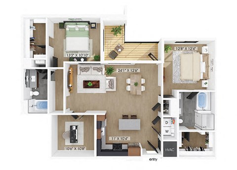 Two bedroom with den floor plan at 333 Ellington in Gaithersburg MD