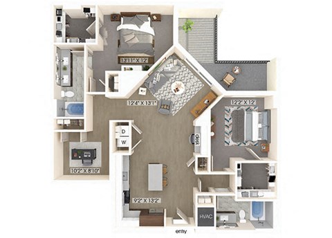 two bedroom two bathroom floor plan at coasterra apartments