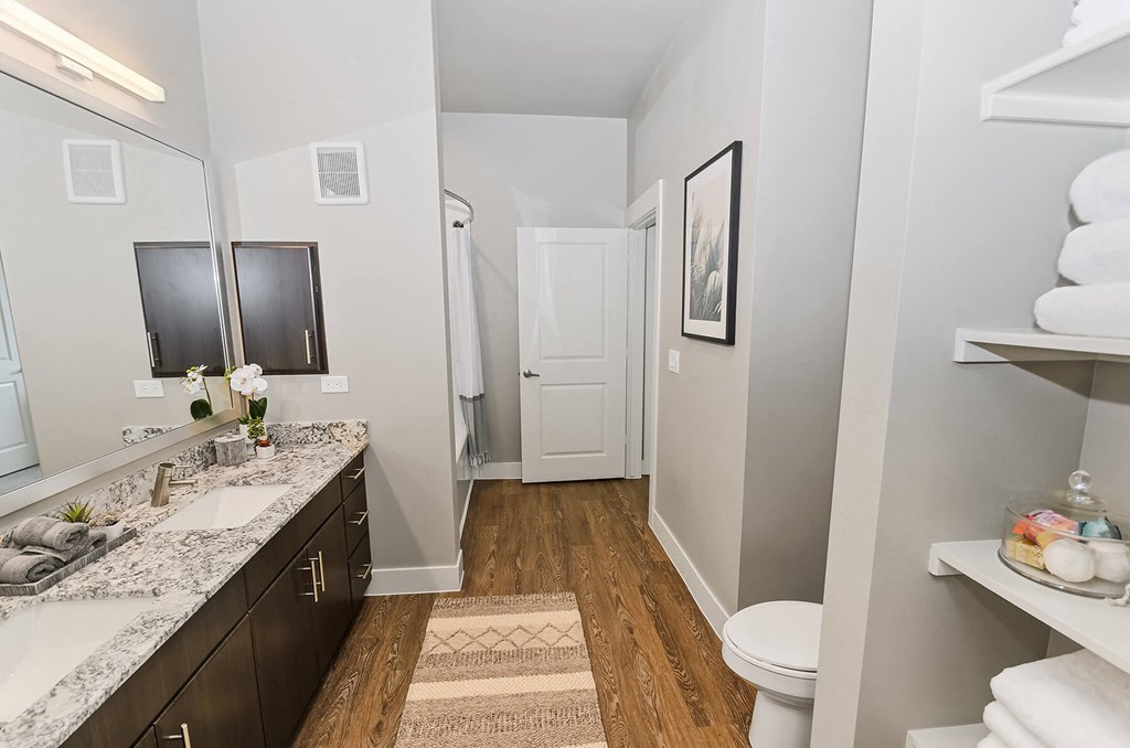 Double sink vanity bathroom at Opal Legacy Central in Plano TX