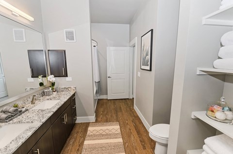 Double sink vanity bathroom at Opal Legacy Central in Plano TX