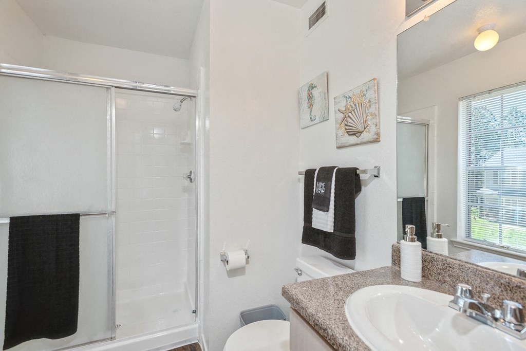 Bathroom with sink and standing shower at Park Village Apartments in Conroe TX