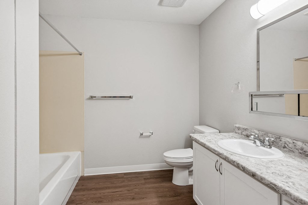 Senior Housing In Federal Way, WA - Bathroom With New Wood-Style Plank Flooring, Fresh Paint, Large Mirror, Spacious Counter Space With Sink, And Shower With Tub
