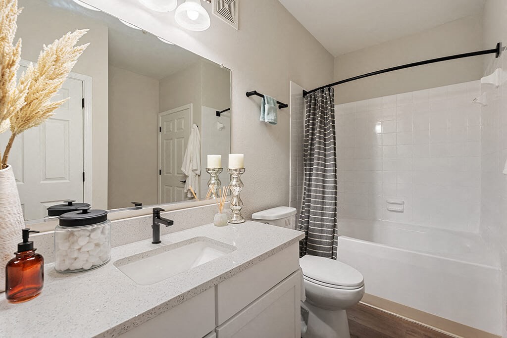 Bathroom with sink and shower at River Pointe at Den Rock Park in Lawrence MA